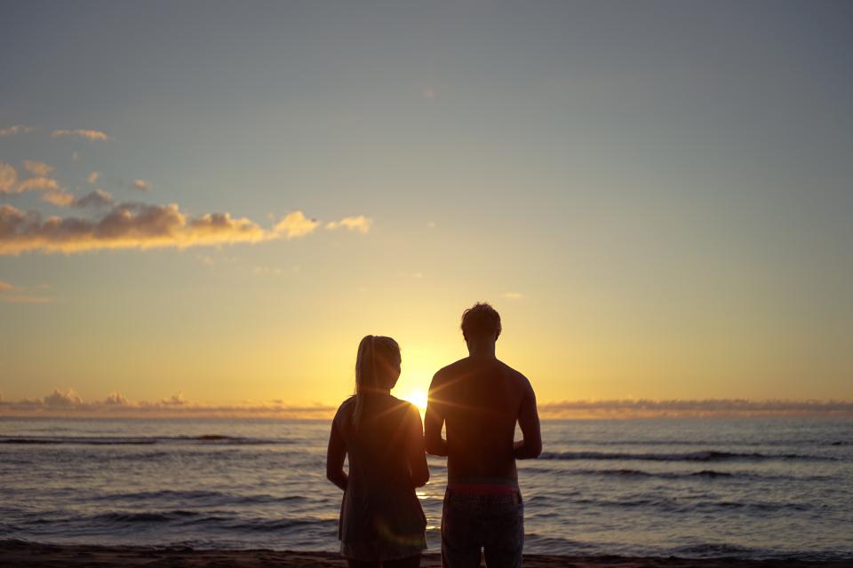 sunset, people, silhouette, guy, man, girl, woman, couple, love, romance, dusk, sky, clouds, ocean, sea, waves, shore, beach, nature