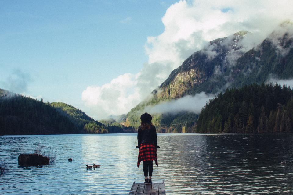 girl, woman, people, hat, jacket, coat, fashion, clothes, lake, river, water, dock, mountains, trees, landscape, nature, outdoors, adventure, sky, clouds, sunshine