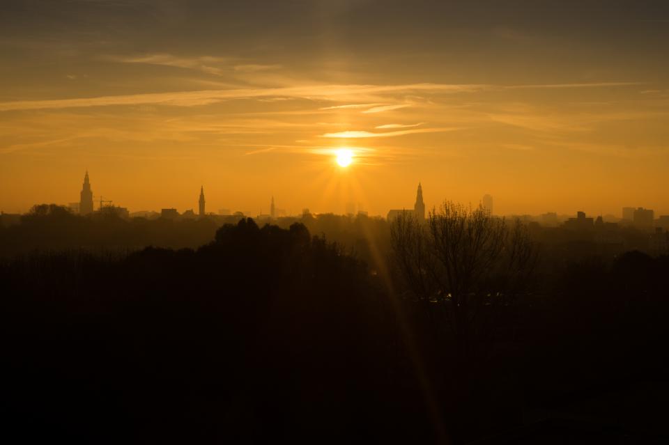 sunrise, skyline, sky, city, morning, yellow