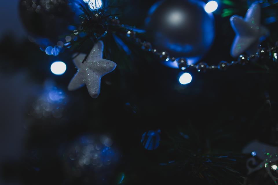 christmas, tree, lights, stars, decorations, ornaments, festive, holidays, dark, night, evening