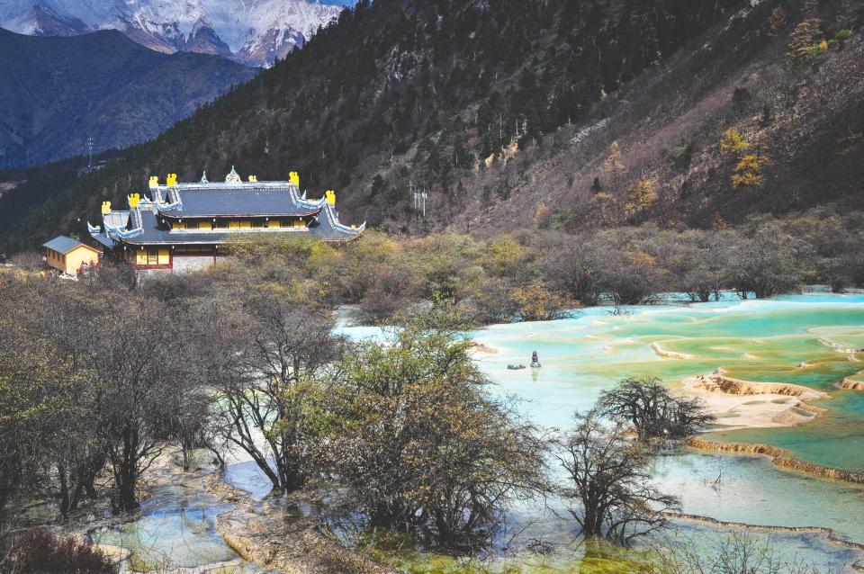 landscape, nature, mountains, hills, trees, water, temple, culture, Huang Long, Sichuan, China