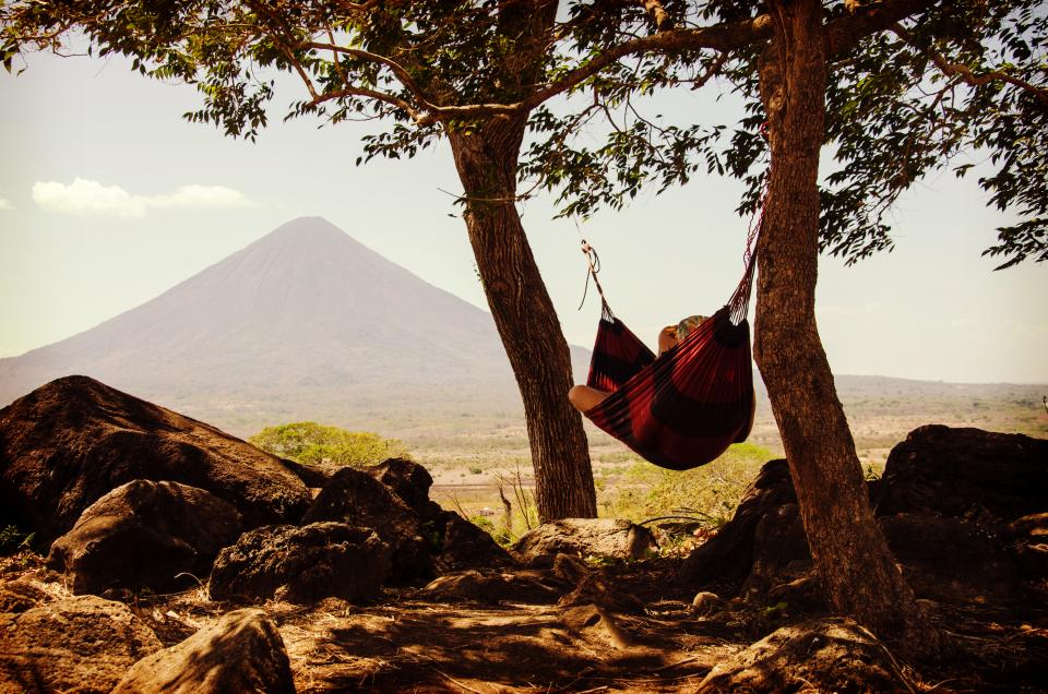 nature, landscape, mountains, summit, peak, slope, grass, trees, sky, clouds, view, man, woman, people, hammock, leisure, relax