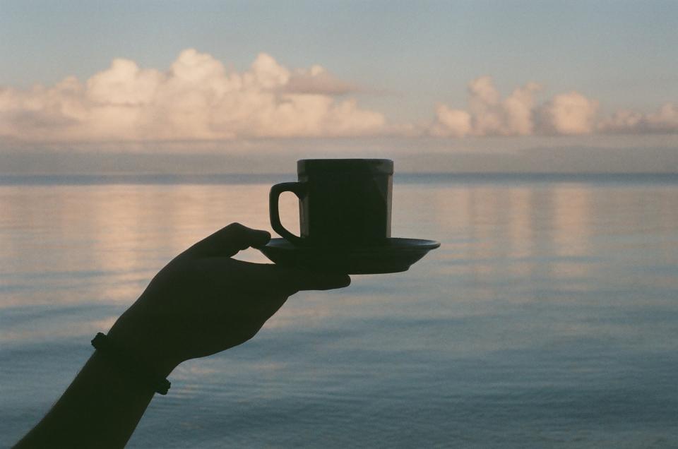coffee, cup, mug, hands, silhouette, ocean, sea, water, sky, clouds