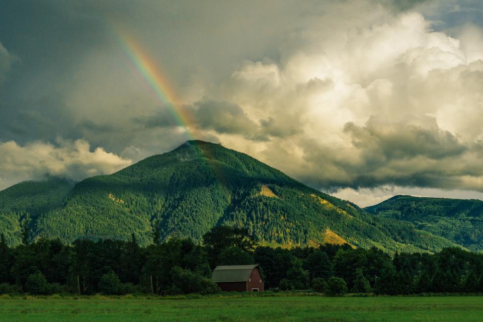 rainbow, mountains, hills, green, grass, fields, trees, nature, landscape, sky, clouds, nature, barn, rural, countryside