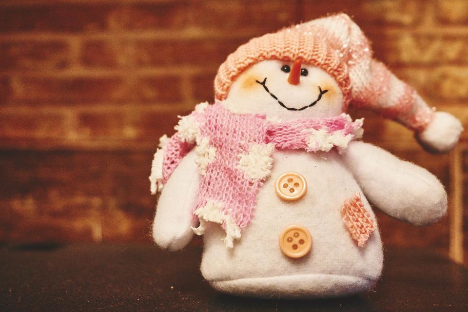 snowman, scarf, hat, buttons, toy, stuffed animal, winter