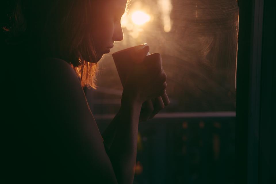 girl, woman, coffee, tea, cup, mug, morning, sunrise, dawn, window, people, shadow