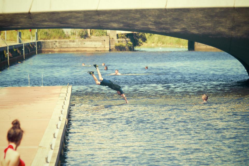 swimming, diving, dive, water, bridge, people, summer