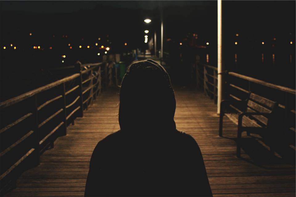 hoodie, sweater, dark, night, evening, shadows, people, boardwalk, pier