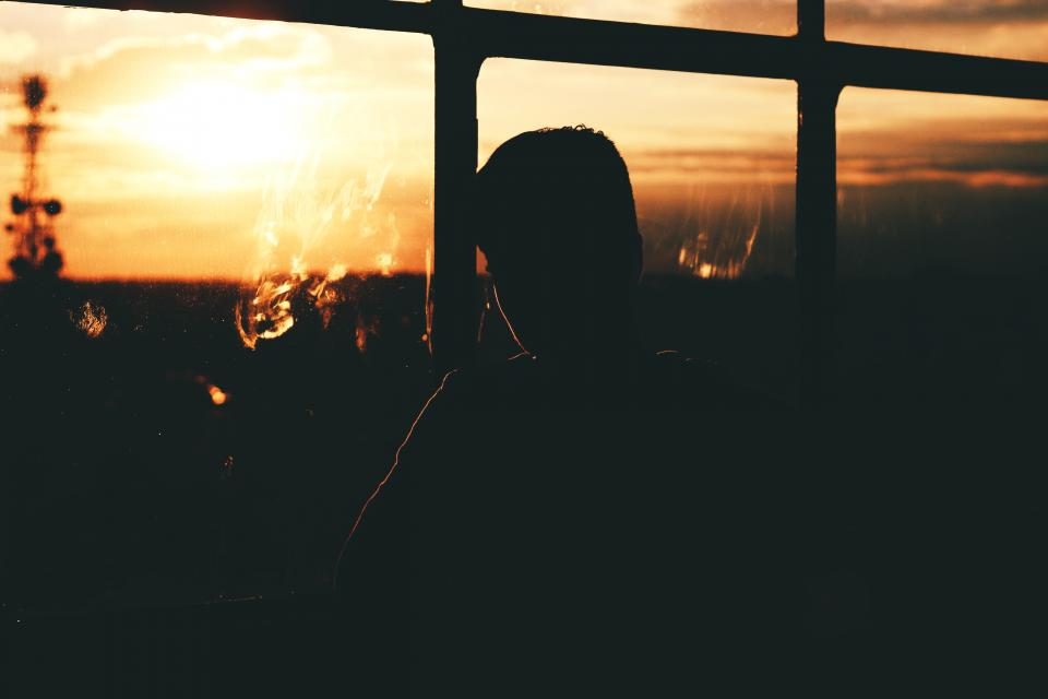 sunset, silhouette, people, windows, shadows, dusk