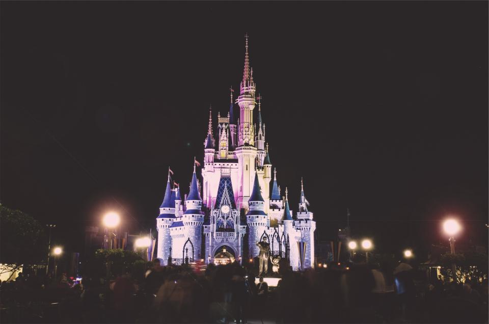 Disney land, castle, night, dark, evening, lights, architecture, people, crowd