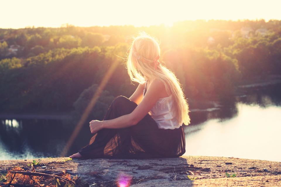 girl, blonde, long hair, pretty, beautiful, people, sunset, looking, watching, river, water, trees, nature