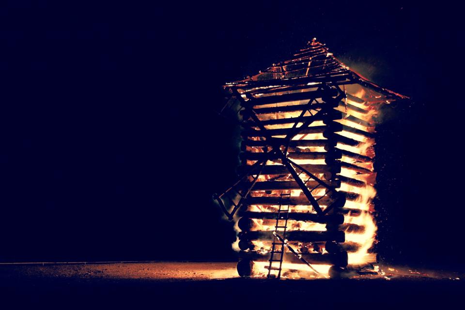 windmill, wood, fire, flames, night, dark