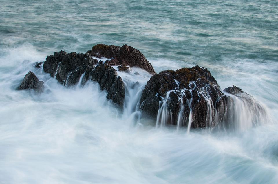 rocks, boulders, waves, mist, ocean, sea