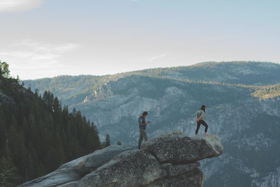 hiking, hikers, people, mountains, cliffs, rocks, trees, landscape, sky, outdoors, fitness, guy, girl