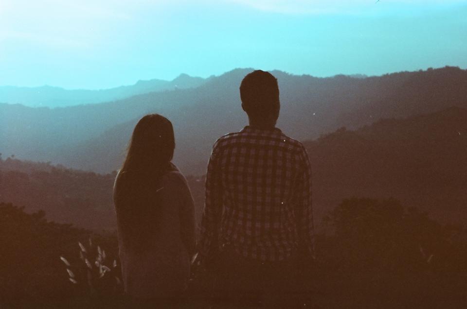 guy, girl, people, outdoors, landscape, nature, mountains, blue, sky, dusk, shadows, silhouette