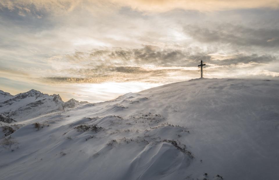 cross, religion, mountains, hills, snow, winter, sky, clouds, outdoors, nature, sunset