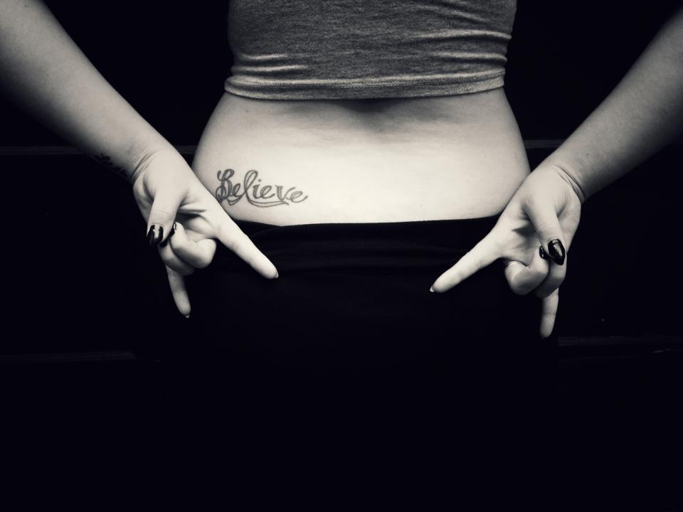 believe, tattoo, girl, woman, people, black and white, nail polish