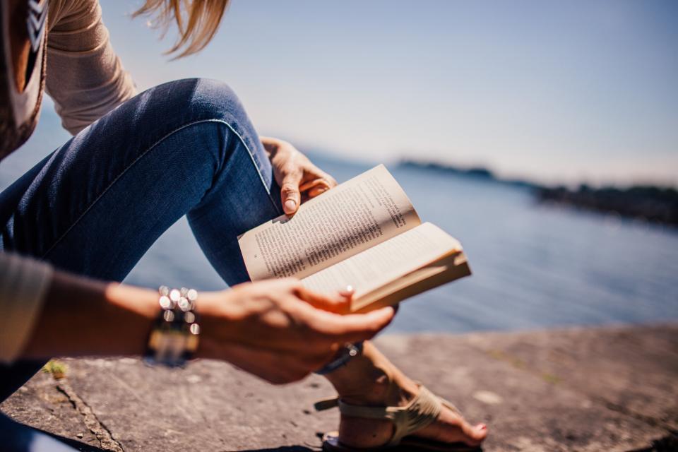 reading, book, girl, woman, people, sunshine, summer, lake, water