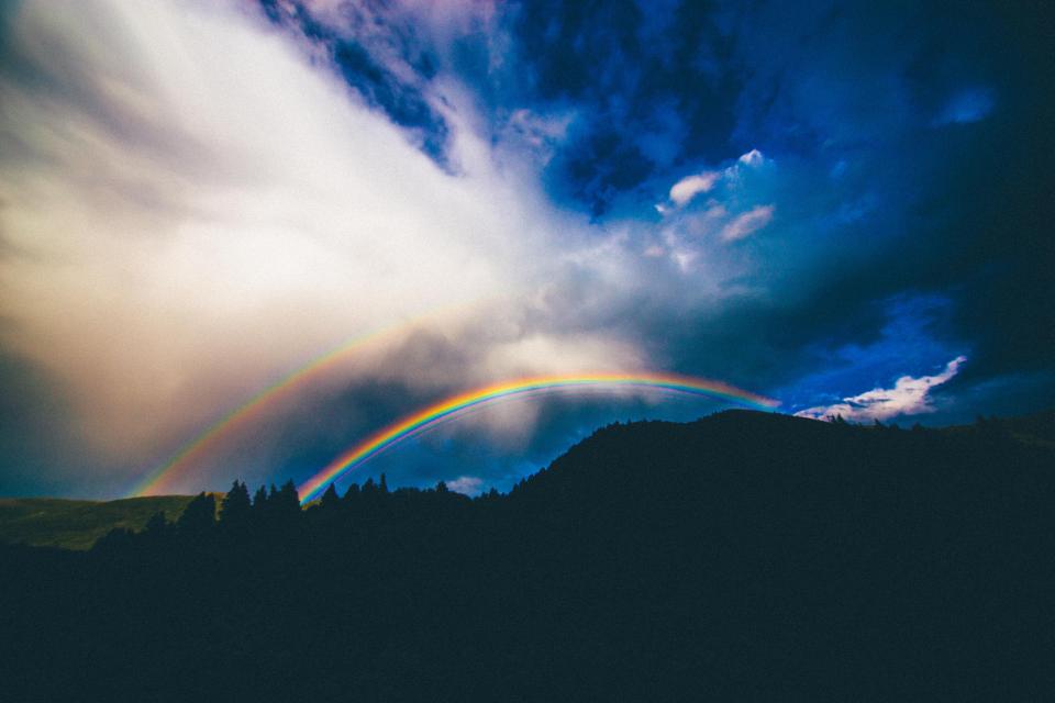 rainbow, sky, clouds, storm, landscape, mountains, nature, silhouette