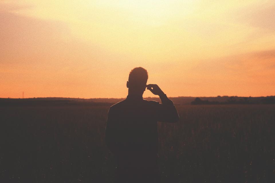 sunset, dusk, silhouette, shadow, landscape, nature, field, grass, orange, sky, people, guy, man