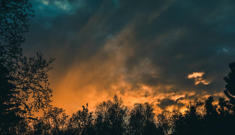 sunset, dusk, sky, clouds, cloudy, storm, trees, nature